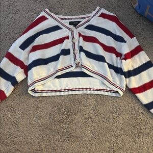 Blue and Red Striped Crop Top with 3/4 Sleeves
